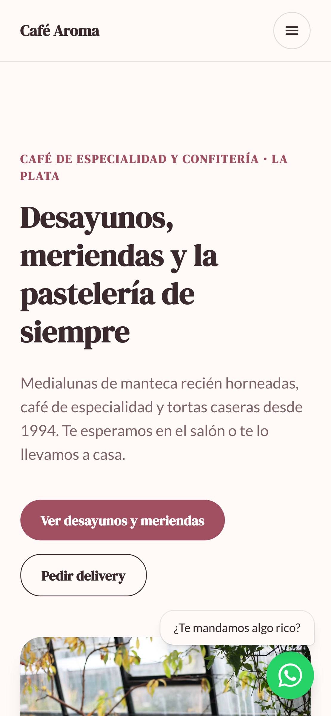 Landing de cafetería vista en el celular