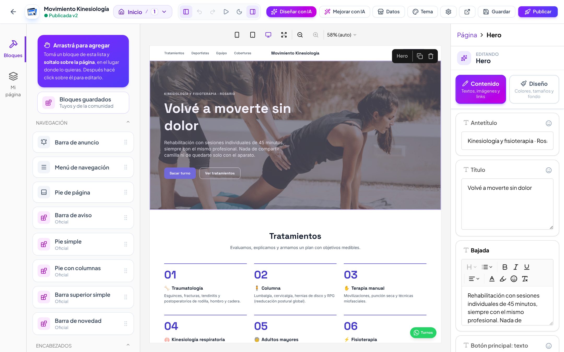 Editor visual con bloques, vista previa en vivo y campos de edición